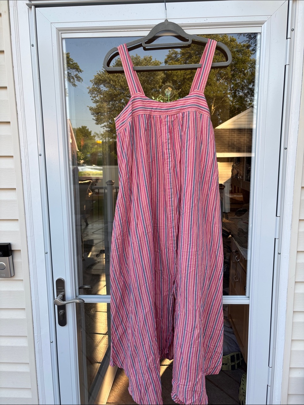 XiRENA Ladies Cotton Pink Blue Striped Pockets Sundress-XS